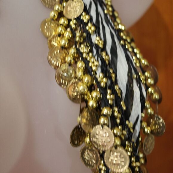 Zebra Print Sheer Belly Dancing Scarf Shimmy Coin Jingle Noise Making Hip Scarf - Picture 7 of 10